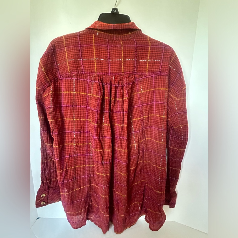 Free People Break My Stride Plaid Button Down Shirt, Red, Metallic Stripe Small - Picture 6 of 8